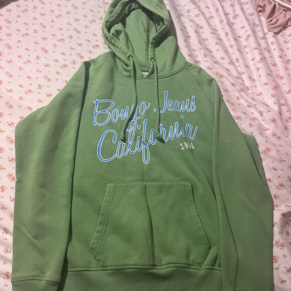Bongo Jeans XL vintage green hoodie with blue text and some white embroidery